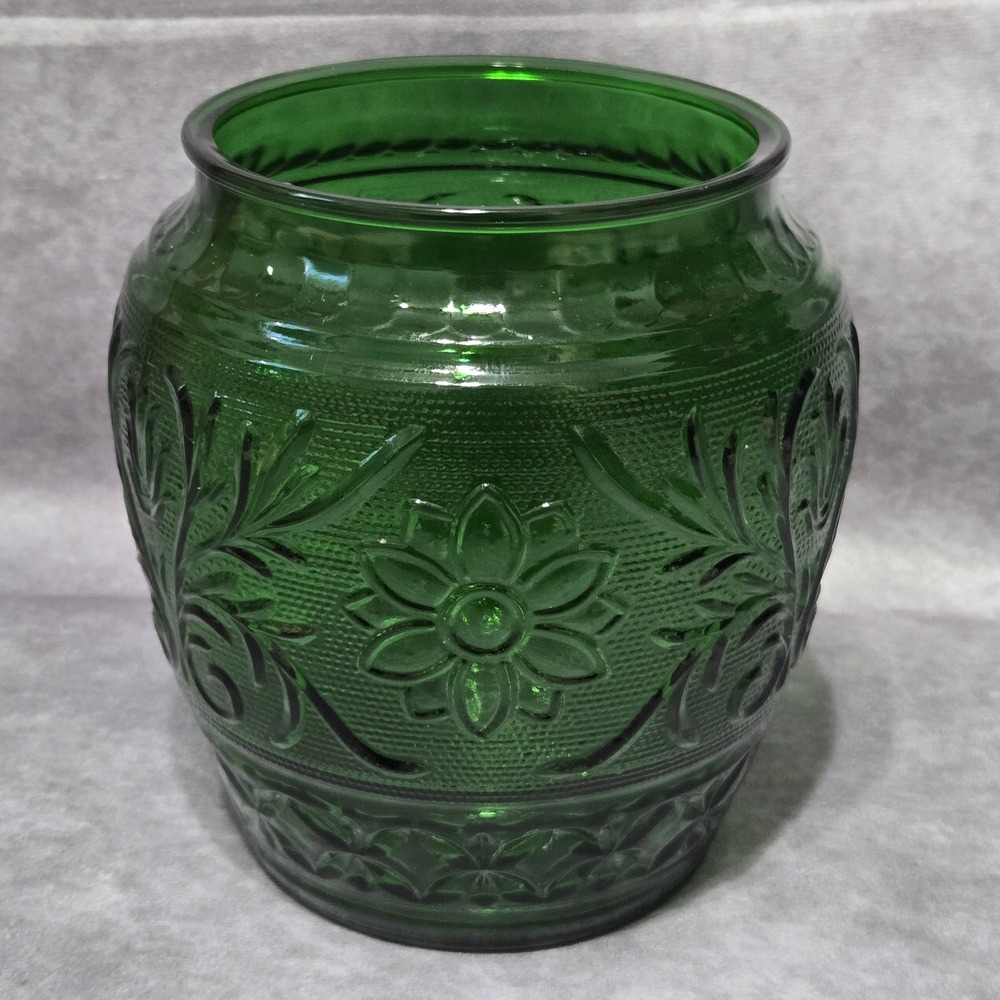 Vintage Anchor Hocking Sandwich Glass Forest Green Open Cookie Jar 7" Tall